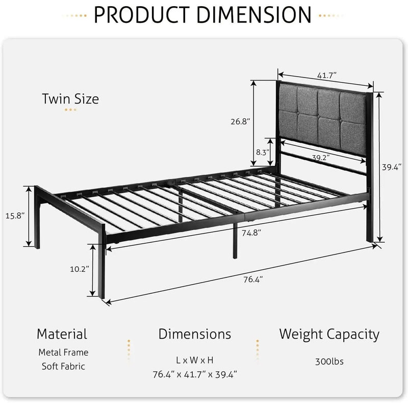 Twin Metal Platform Bed Frame with Gray Button Tufted Upholstered Headboard by HomePacific