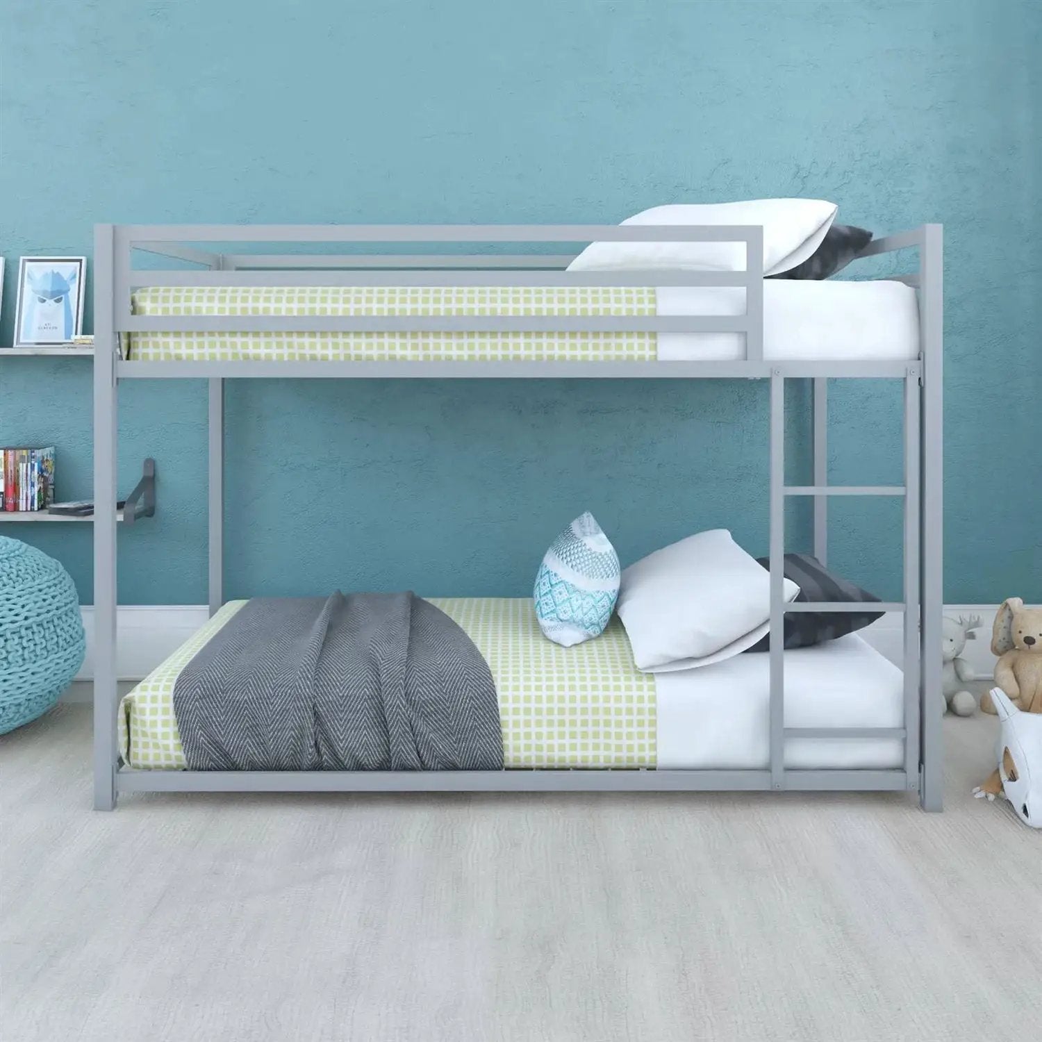 Twin over Twin size Modern Low Height Silver Grey Metal Bunk Bed by HomePacific