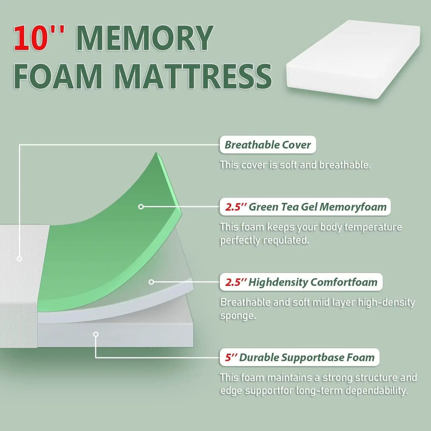 Twin size 10-inch Thick Medium Firm Cool Gel Memory Foam Mattress by HomePacific