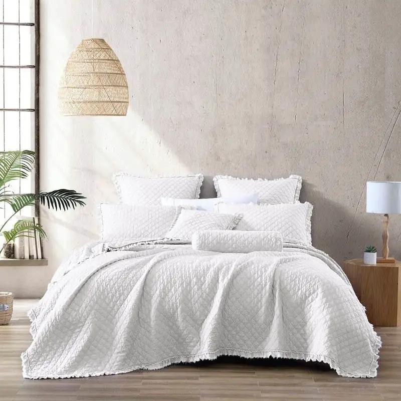 Twin White Farmhouse Microfiber Diamond Quilted Bedspread Set Frayed Edges by HomePacific