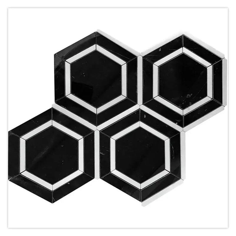 Raven Black 11x13 Polished Hexagon Nero Marquina Thassos Marble Mosaic Tile (5 pack, 5.21 sq ft/case) by Apollo Tile