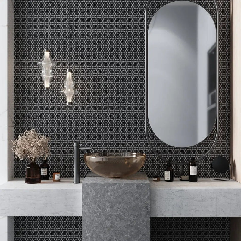 Eastern Black 11x12 Tumbled Penny Round Marble Mosaic Tile (5 pack, 4.83 sq ft/case) by Apollo Tile