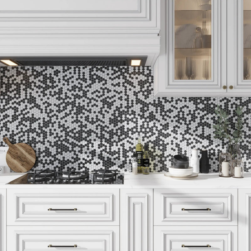 Eastern Black and White 11x12 Tumbled Penny Round Marble Mosaic Tile (5 pack, 4.83 sq ft/case) by Apollo Tile
