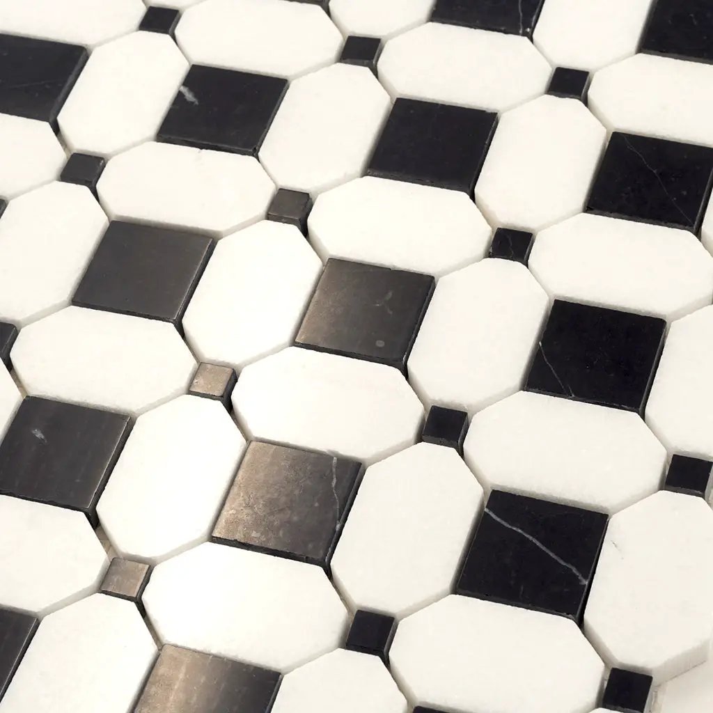 Eastern Black Thassos White 12x12 Polished Octagon Marble Mosaic Tile (5 pack, 5.08 sq ft/case) by Apollo Tile