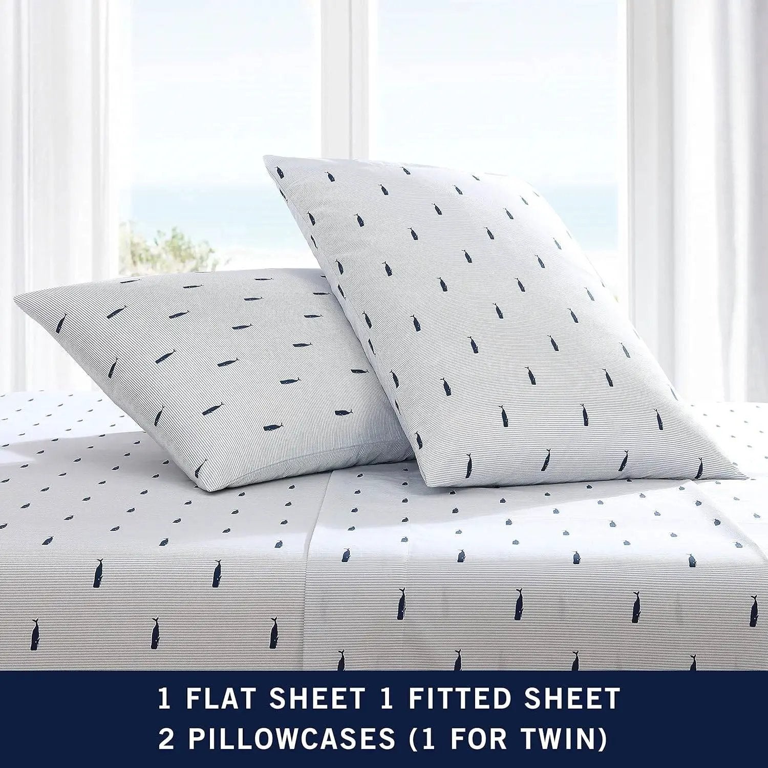 Twin XL size Coastal Beach 100-Percent Cotton Navy Blue White Stripe Sheet Set by HomePacific