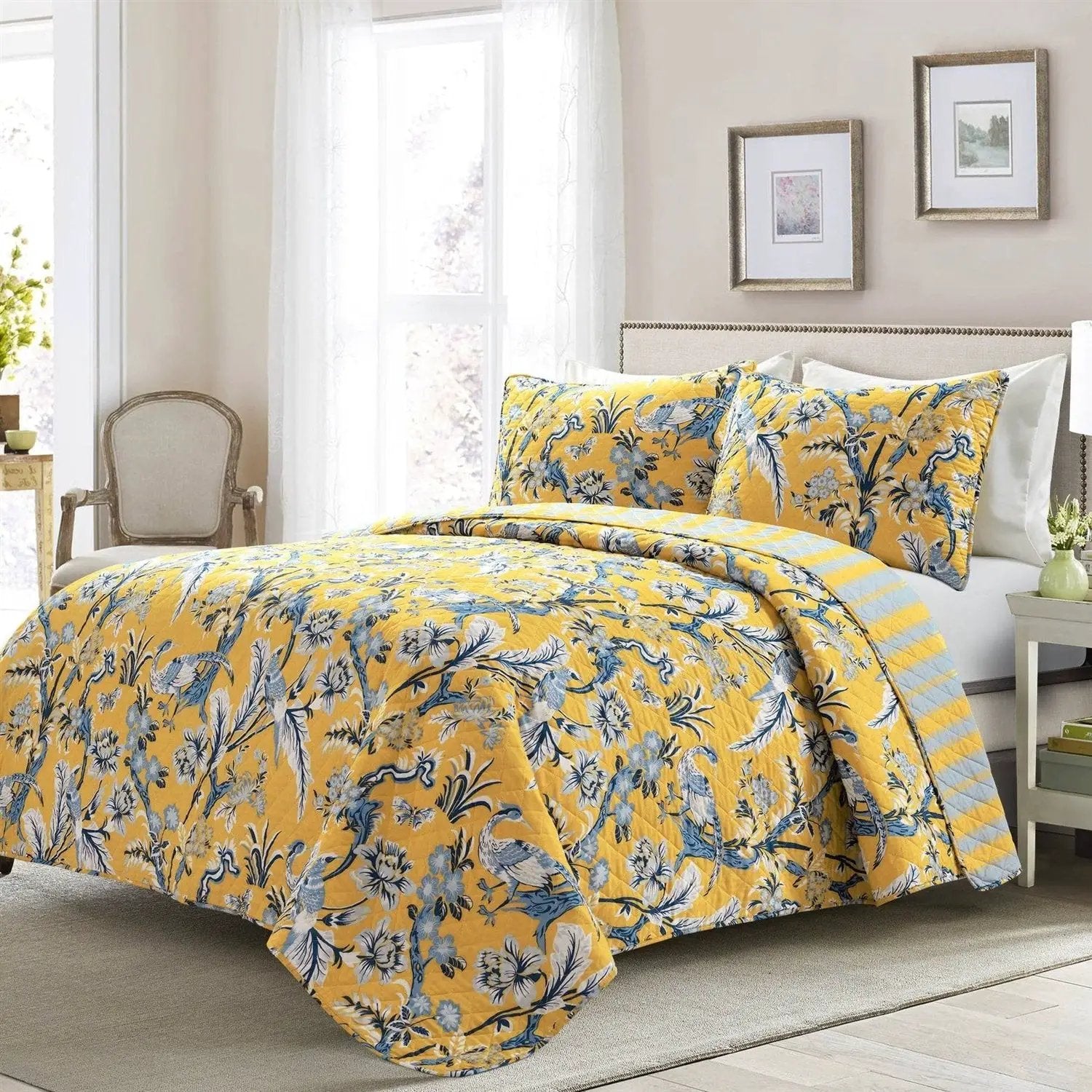 King Size Lightweight Peacocks Polyester Quilt Set Yellow Blue by HomePacific