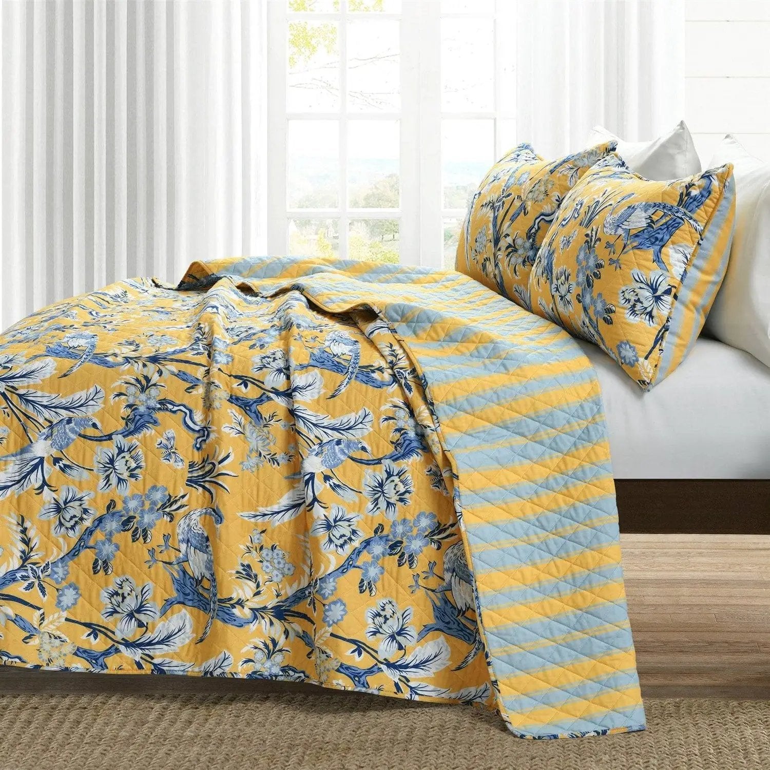King Size Lightweight Peacocks Polyester Quilt Set Yellow Blue by HomePacific