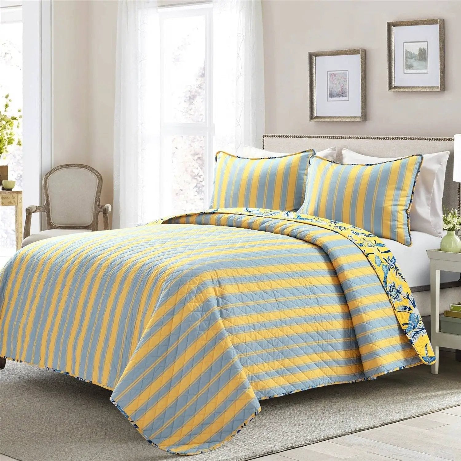 King Size Lightweight Peacocks Polyester Quilt Set Yellow Blue by HomePacific