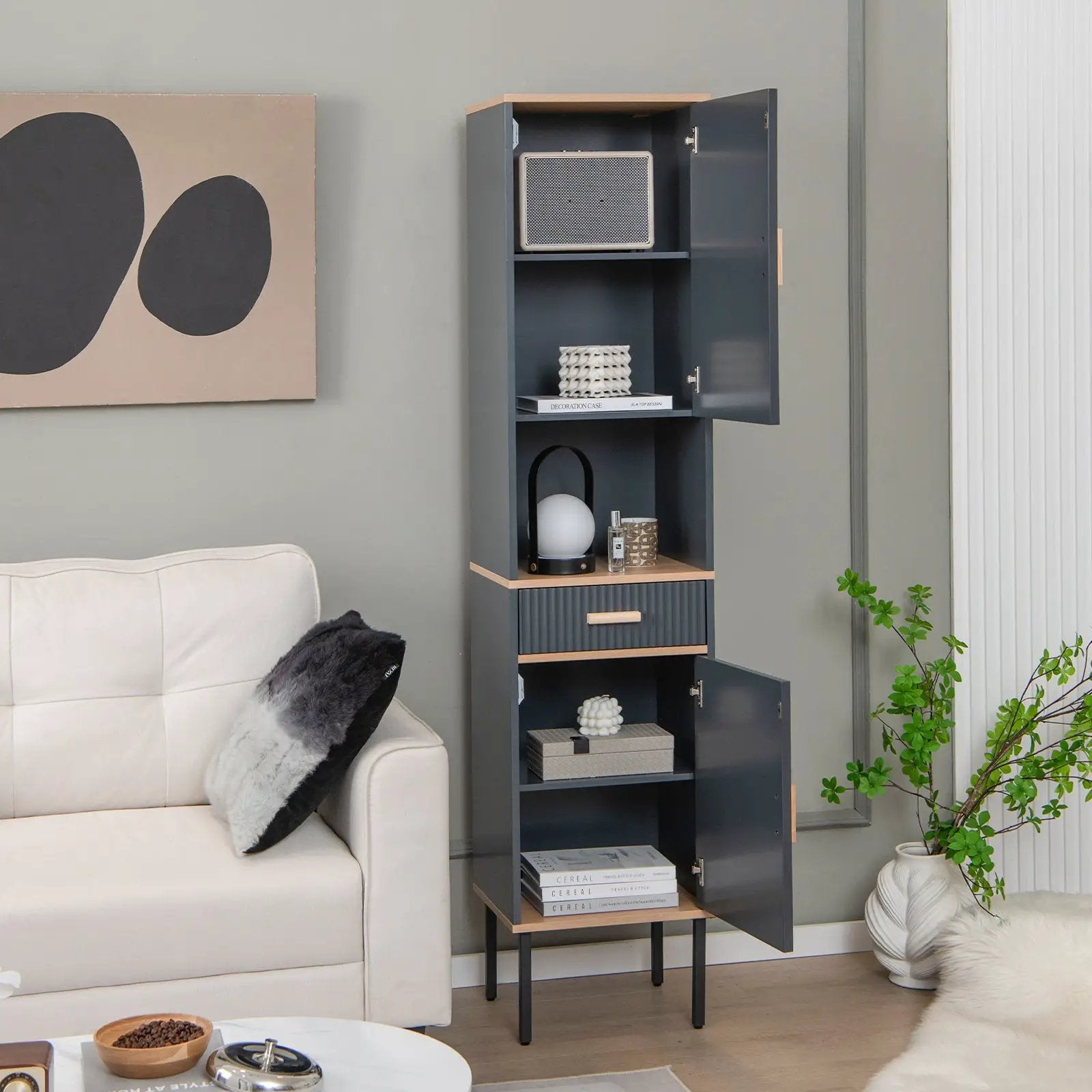 Free-Standing Bathroom Cabinet Narrow Linen with Doors and Drawer-Gray by DirectDeals