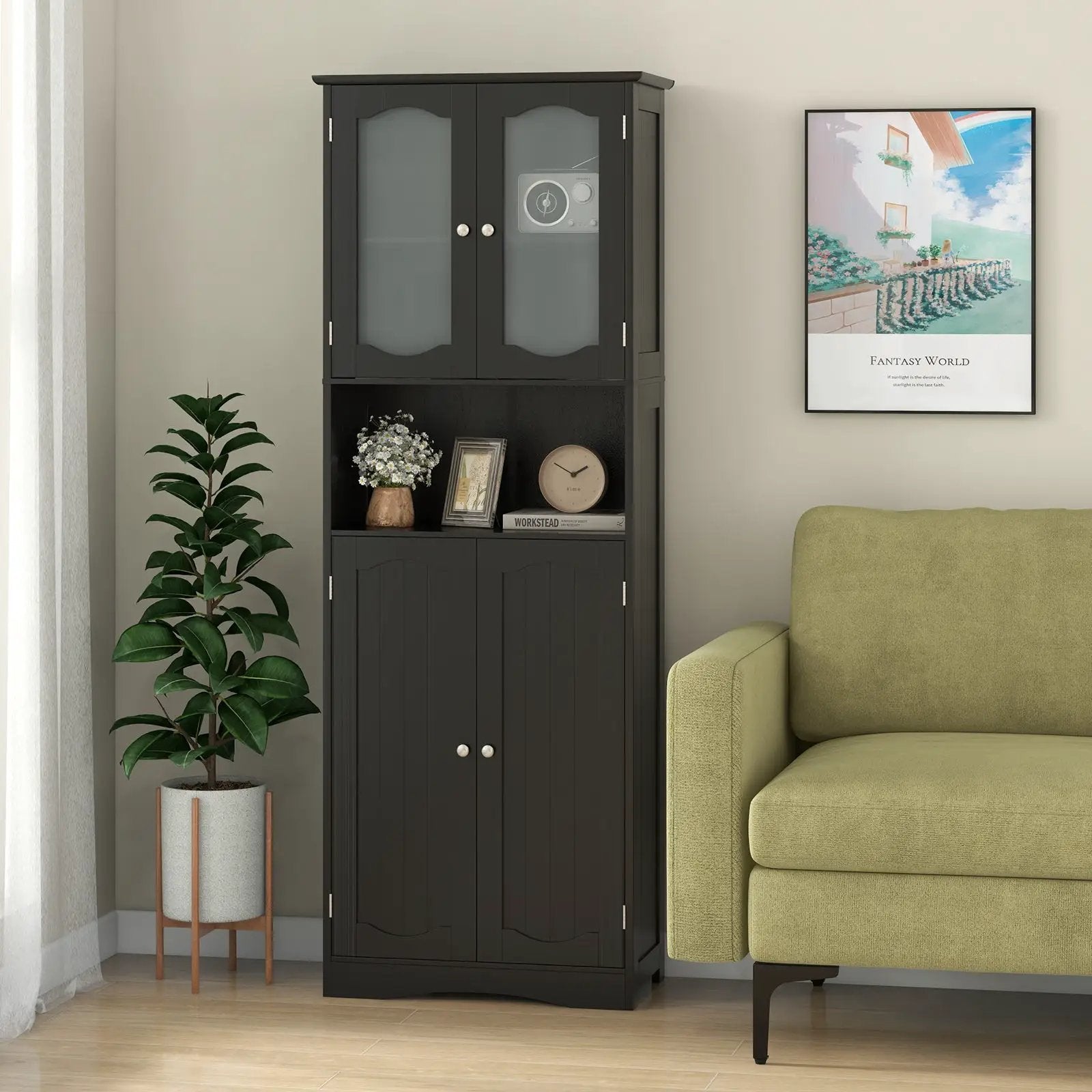 64.5 Inches Tall Bathroom Storage Cabinet with Frost Glass Doors and Shelves by DirectDeals
