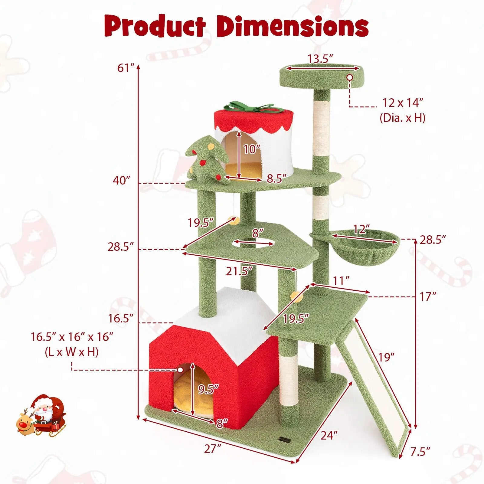 61 Inches Cute Christmas Cat Tree with Sisal Scratching Posts and 2 Condos-Green by DirectDeals