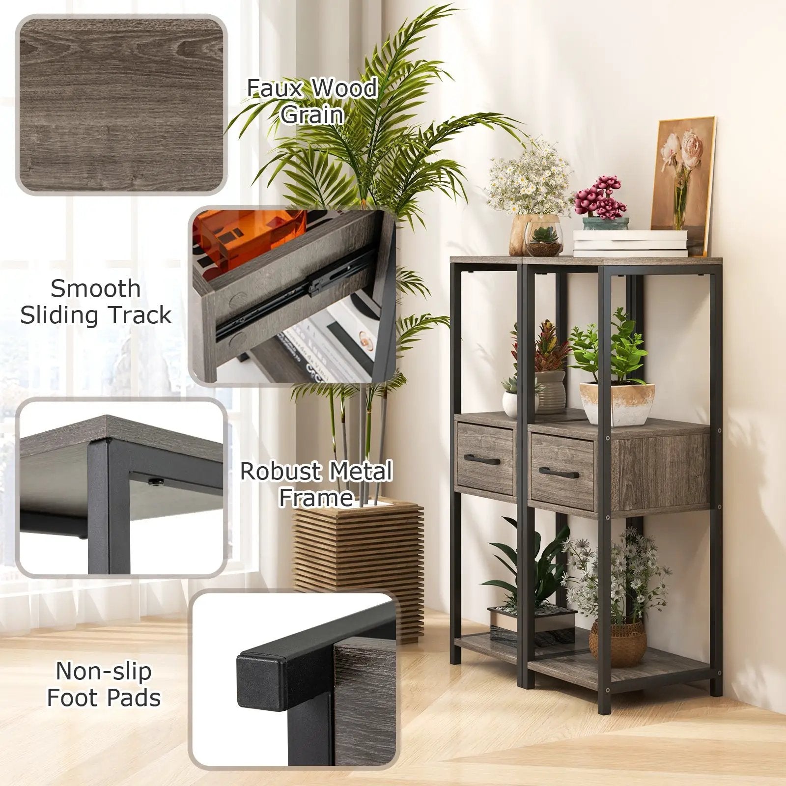 3 Tier Tall Metal Plant Stand with Drawer for Balcony Office-Gray by DirectDeals