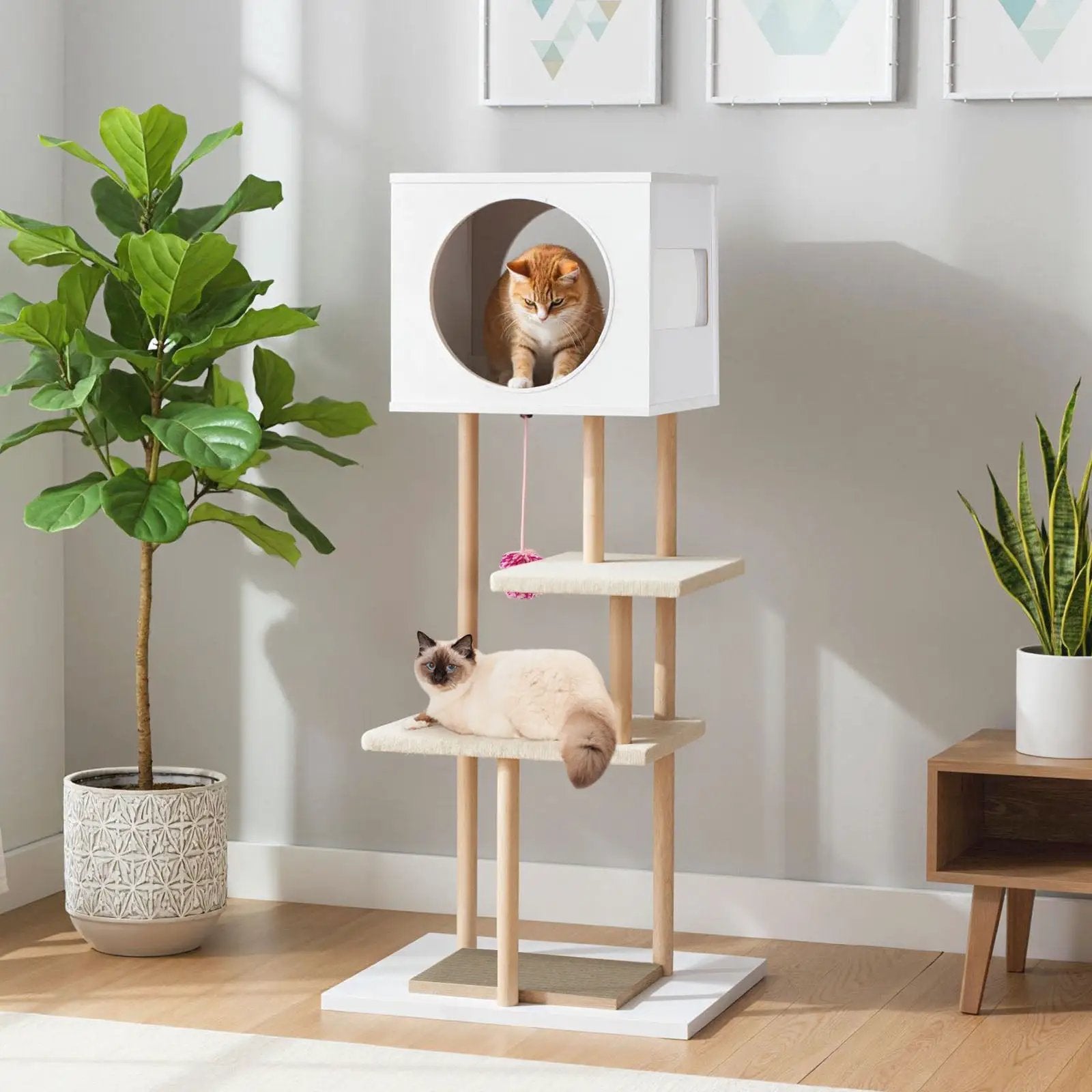 Tall Wood Cat Tower with 2 Corrugated Cardboard-White by DirectDeals