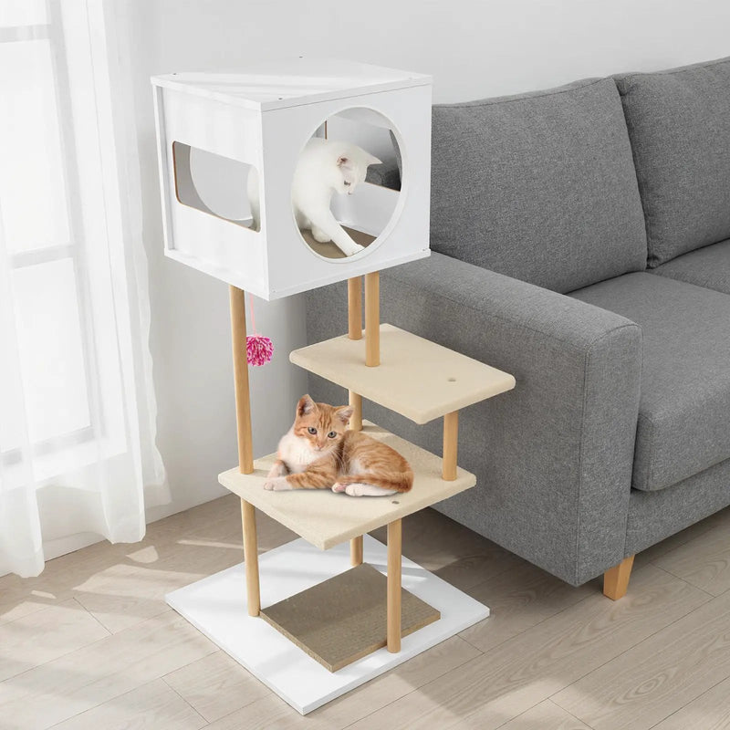 Tall Wood Cat Tower with 2 Corrugated Cardboard-White by DirectDeals