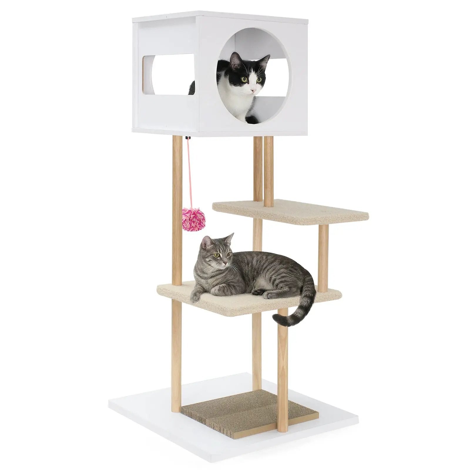 Tall Wood Cat Tower with 2 Corrugated Cardboard-White by DirectDeals
