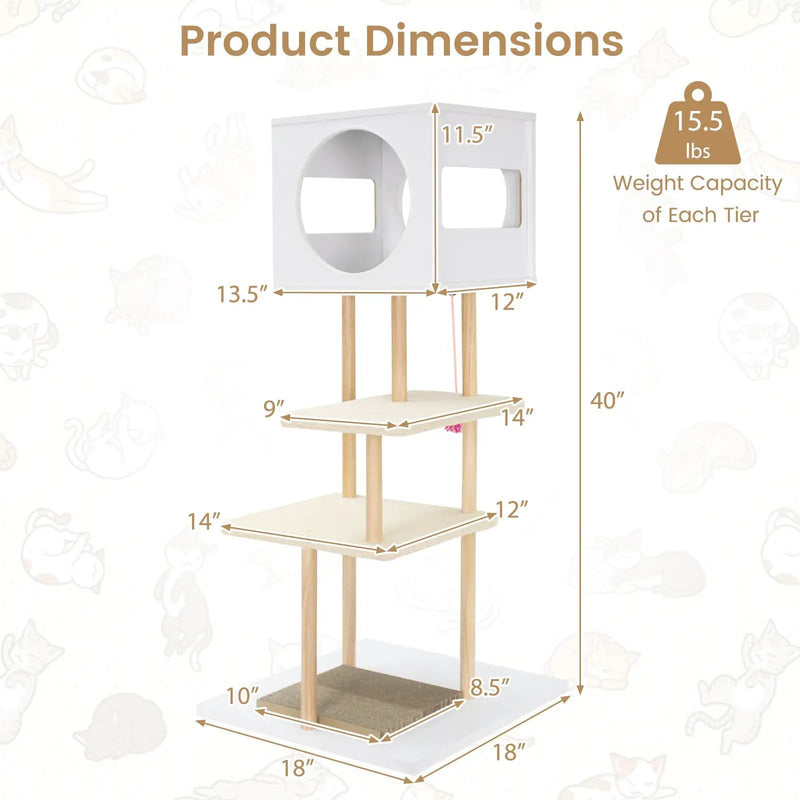 Tall Wood Cat Tower with 2 Corrugated Cardboard-White by DirectDeals