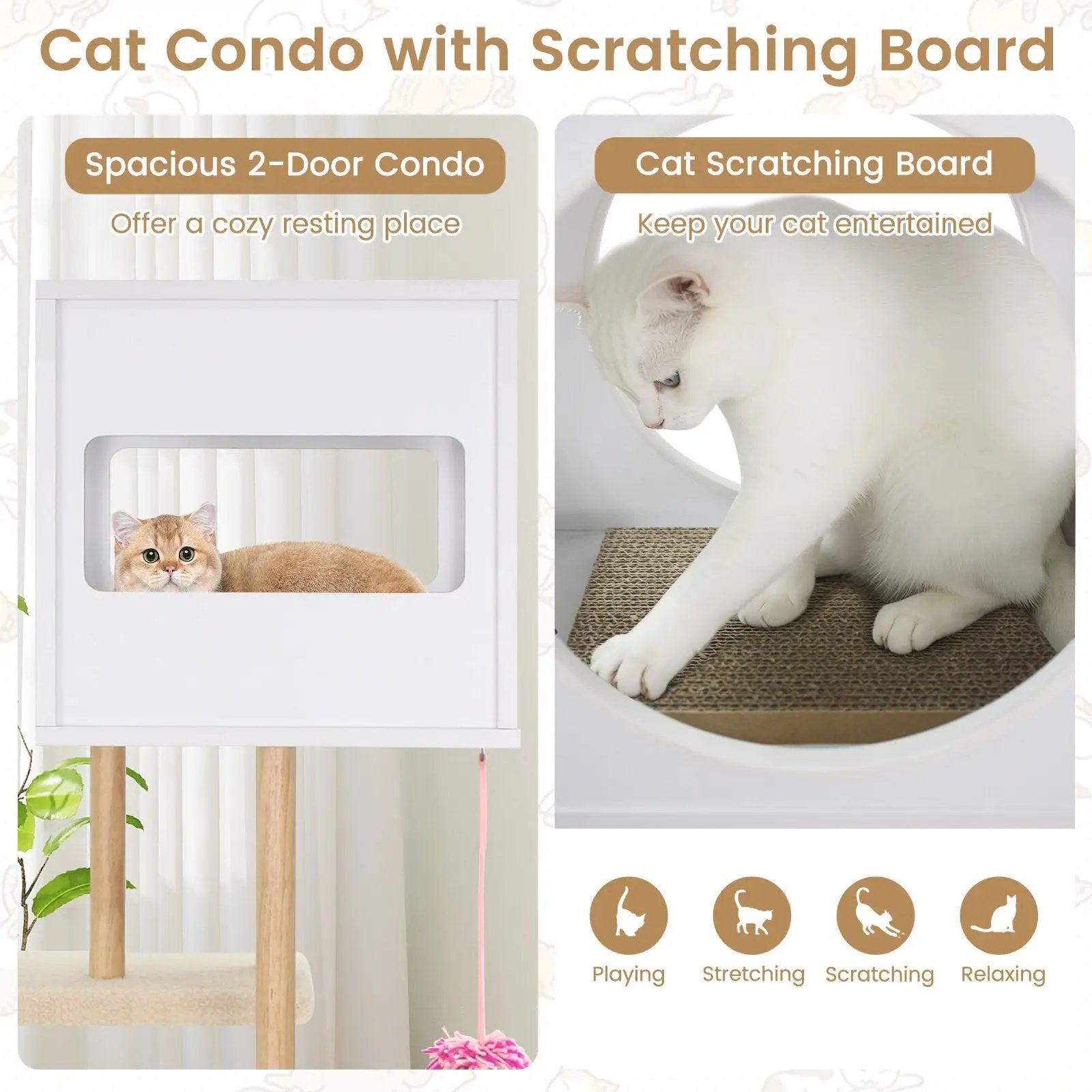 Tall Wood Cat Tower with 2 Corrugated Cardboard-White by DirectDeals