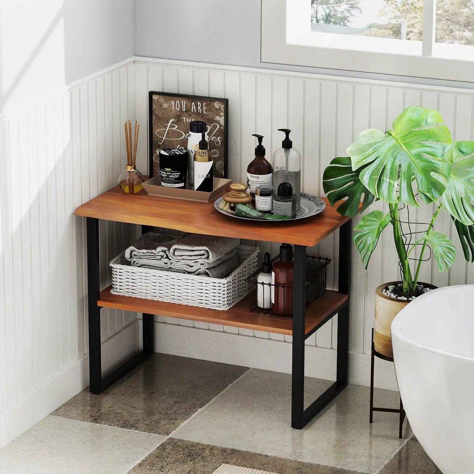 2-Tier Teak Wood End Table Sofa Side for Living Room Hallway Laundry by DirectDeals