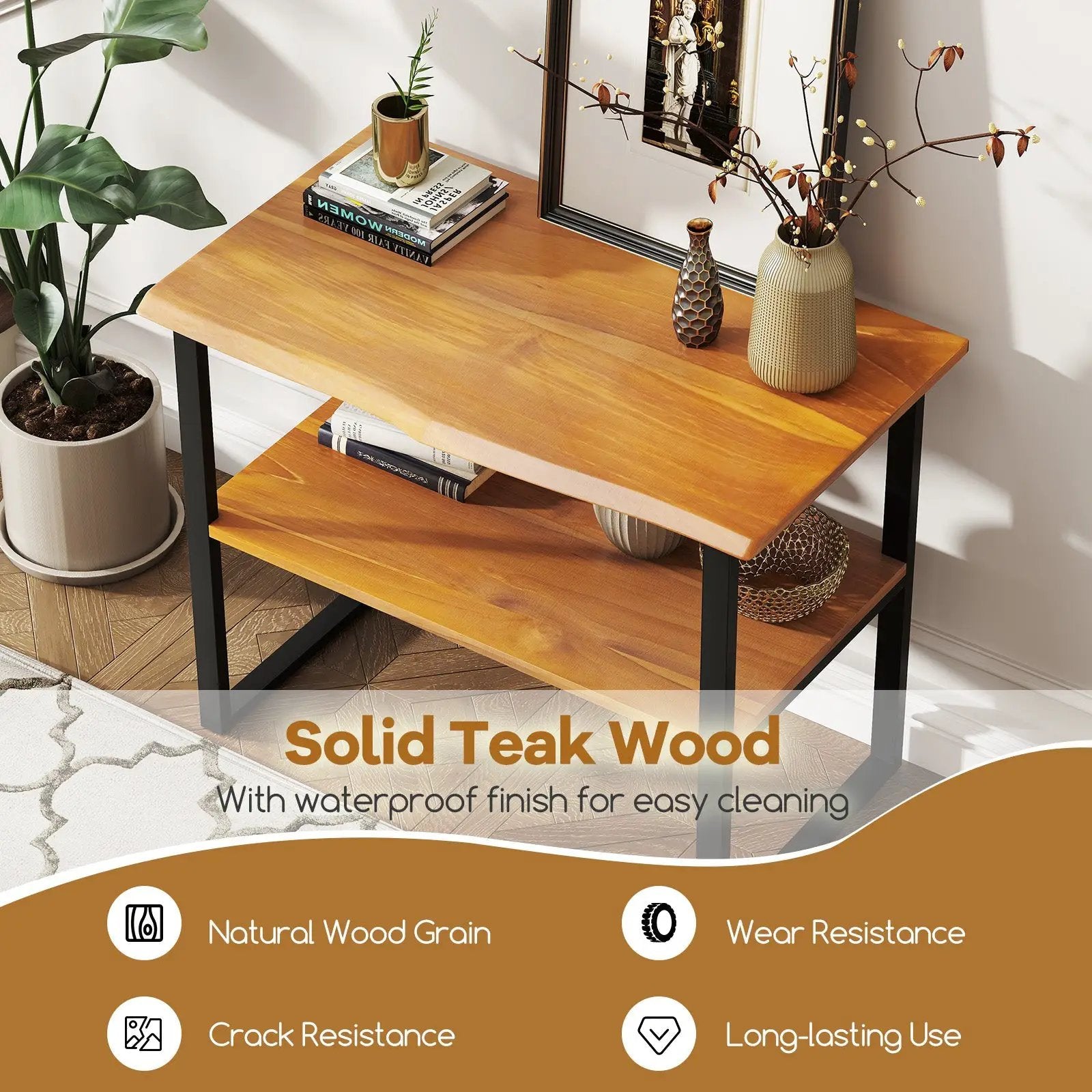 2-Tier Teak Wood End Table Sofa Side for Living Room Hallway Laundry by DirectDeals
