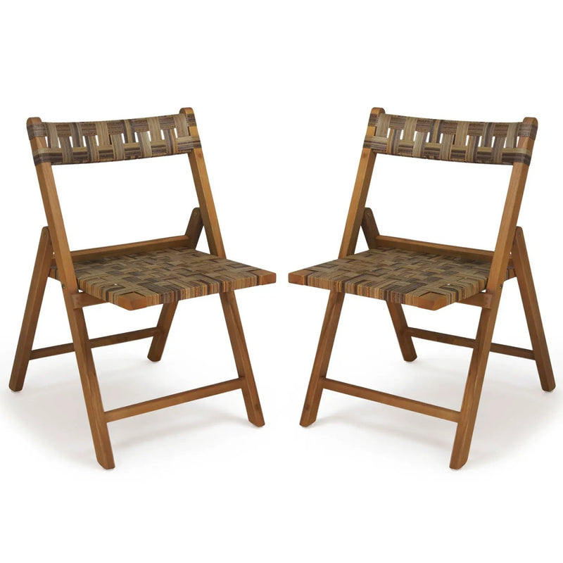 Teak Folding Patio Chairs Set of 2 with Woven Rattan by DirectDeals