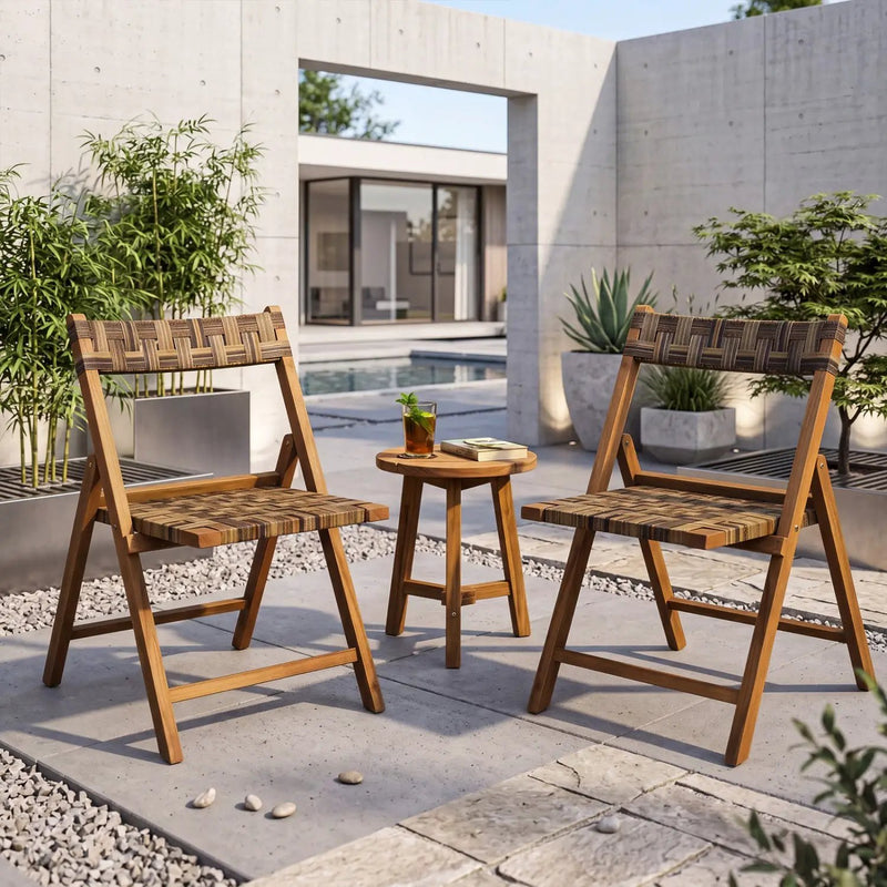 Teak Folding Patio Chairs Set of 2 with Woven Rattan by DirectDeals