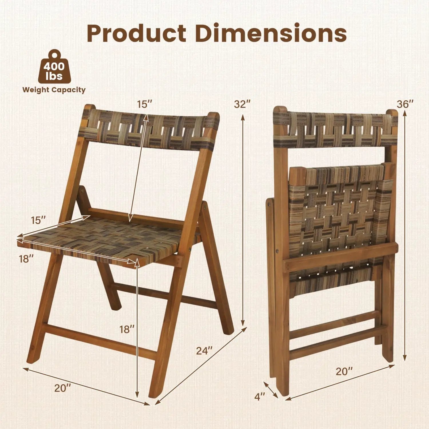 Teak Folding Patio Chairs Set of 2 with Woven Rattan by DirectDeals