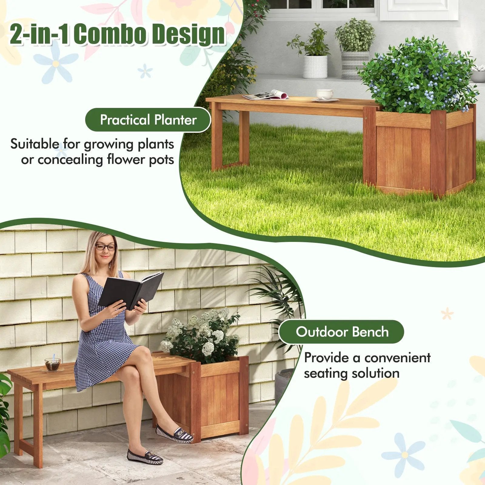 Teak Oil Finish Raised Garden Bed Wood Planter Box with Bench by DirectDeals
