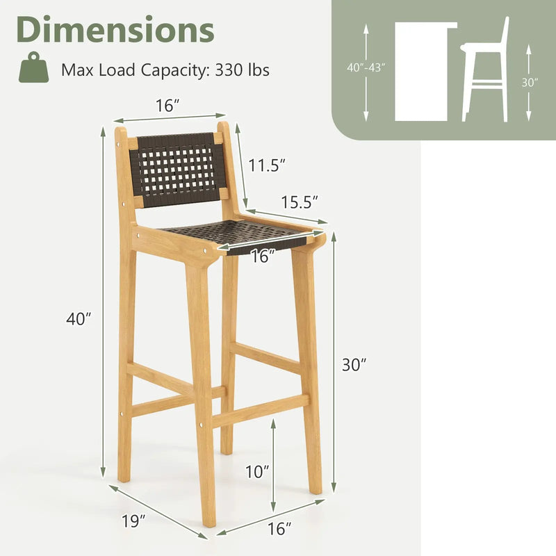 30 Inch Rattan Teak Wood Bar Stool with Backrest and Footrest by DirectDeals