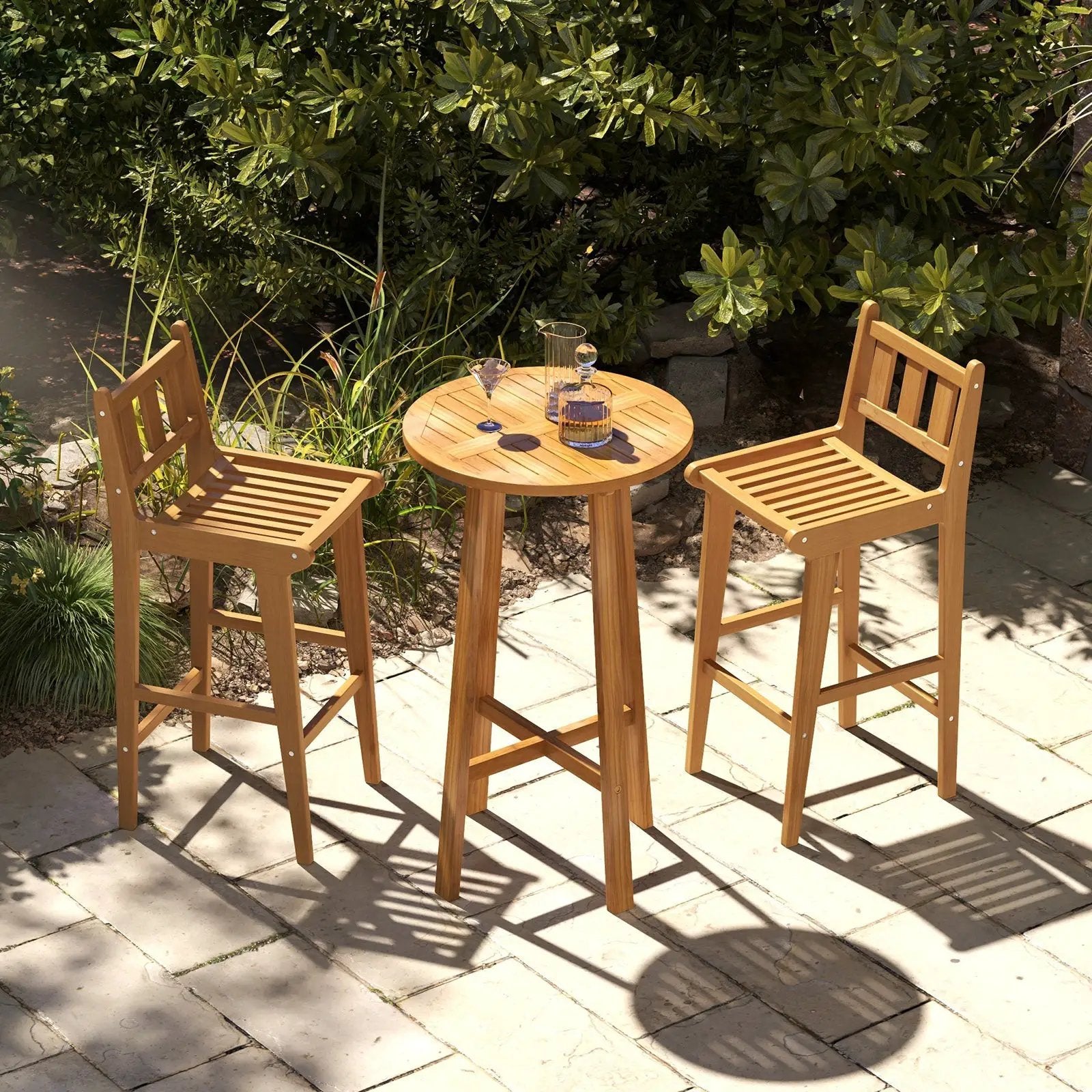30 Inch Teak Wood Bar Chair with Footrest and Backrest for Deck Poolside Garden by DirectDeals