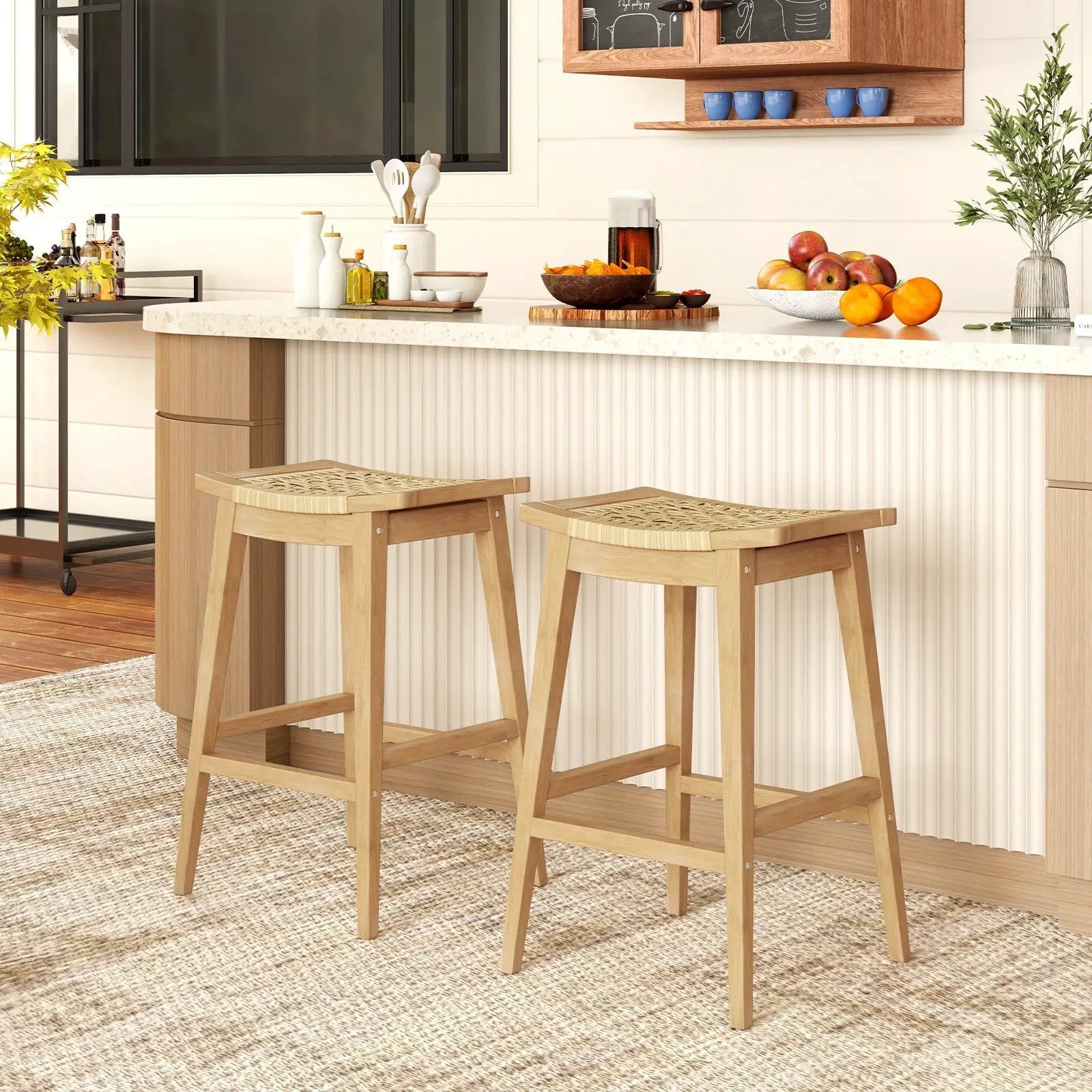29 Inch Patio Rattan Barstool with Footrest and Saddle Seat by DirectDeals