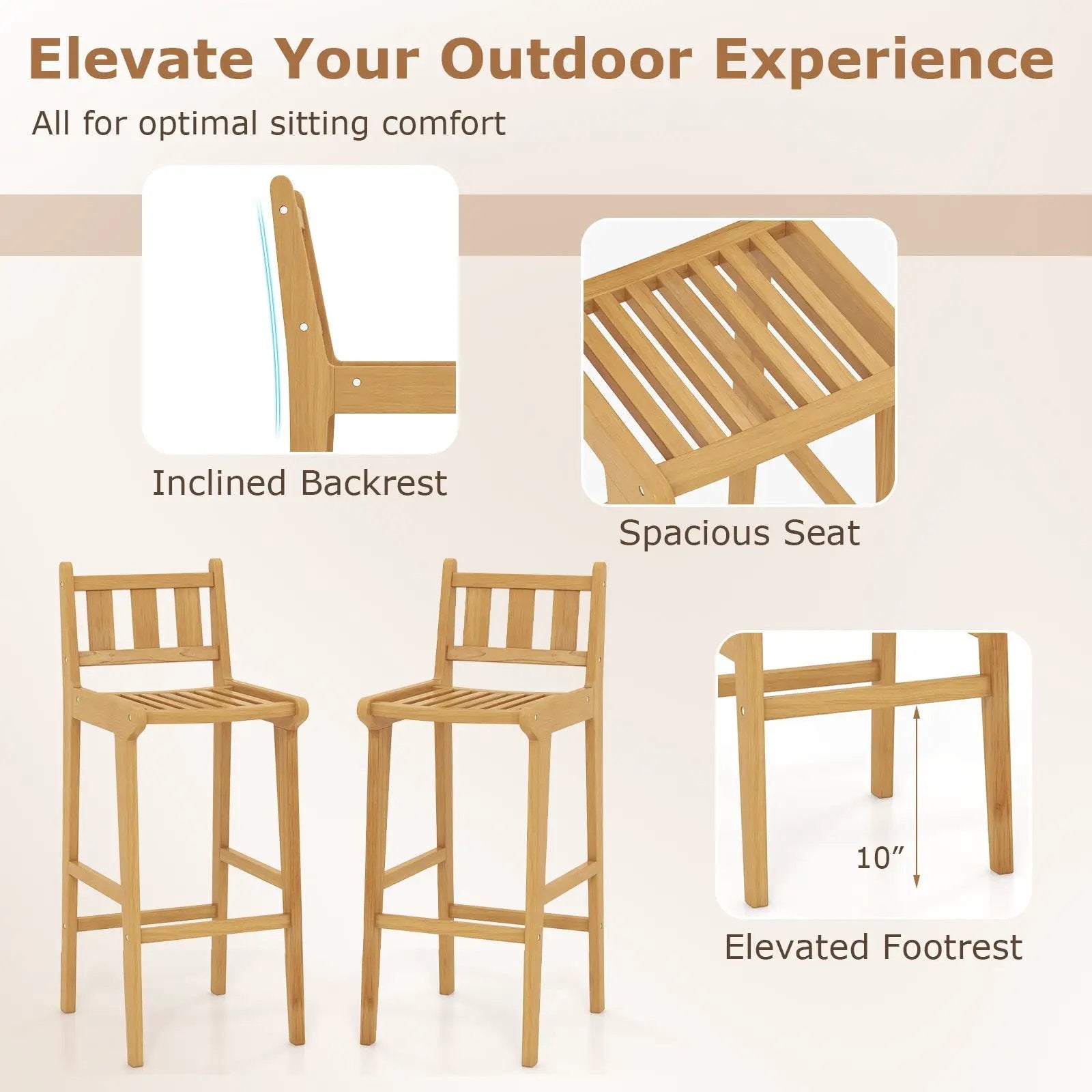 30 Inch Teak Wood Bar Chair with Footrest and Backrest for Deck Poolside Garden by DirectDeals