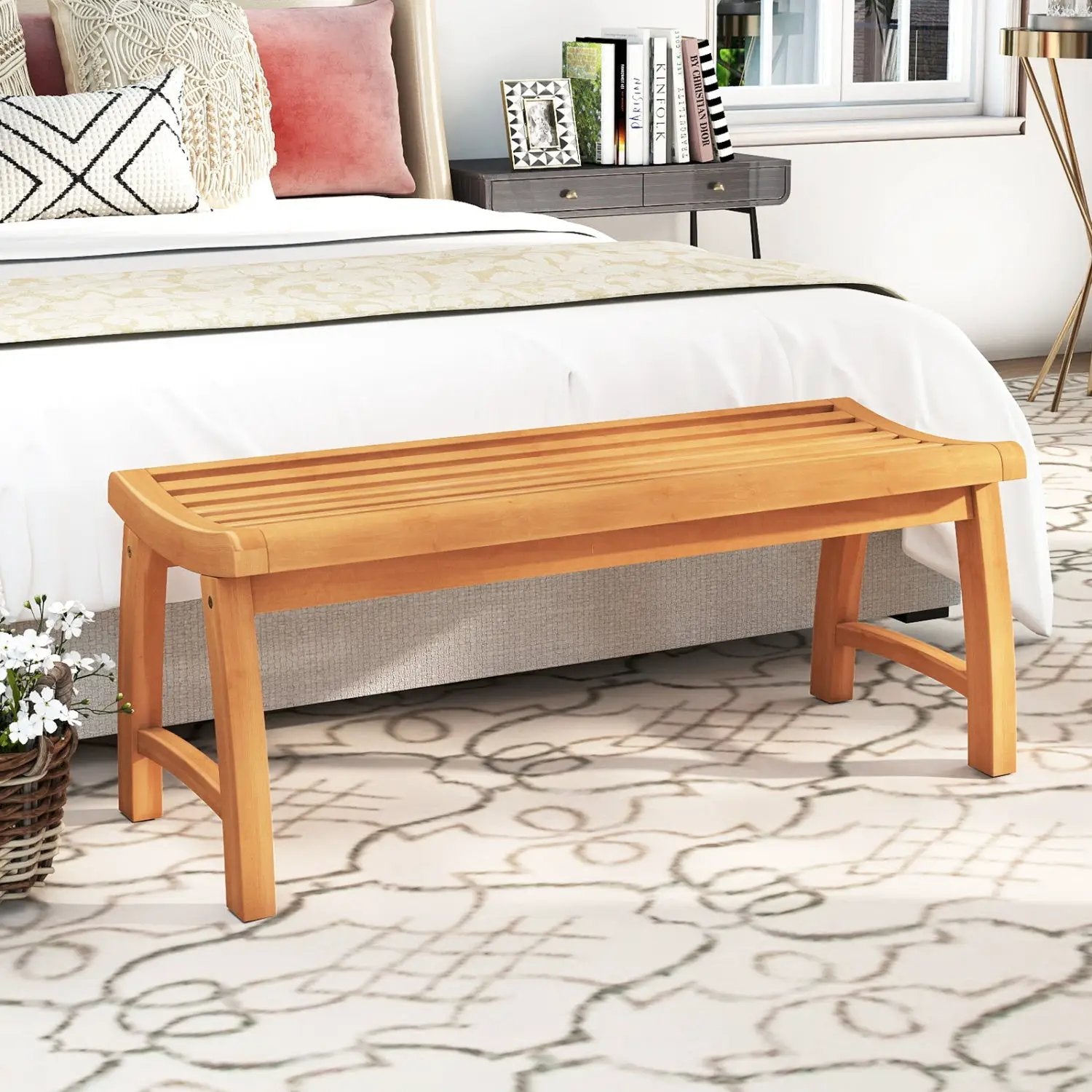 Teak Wood Outdoor Backless Bench with Contoured Slatted Seat by DirectDeals
