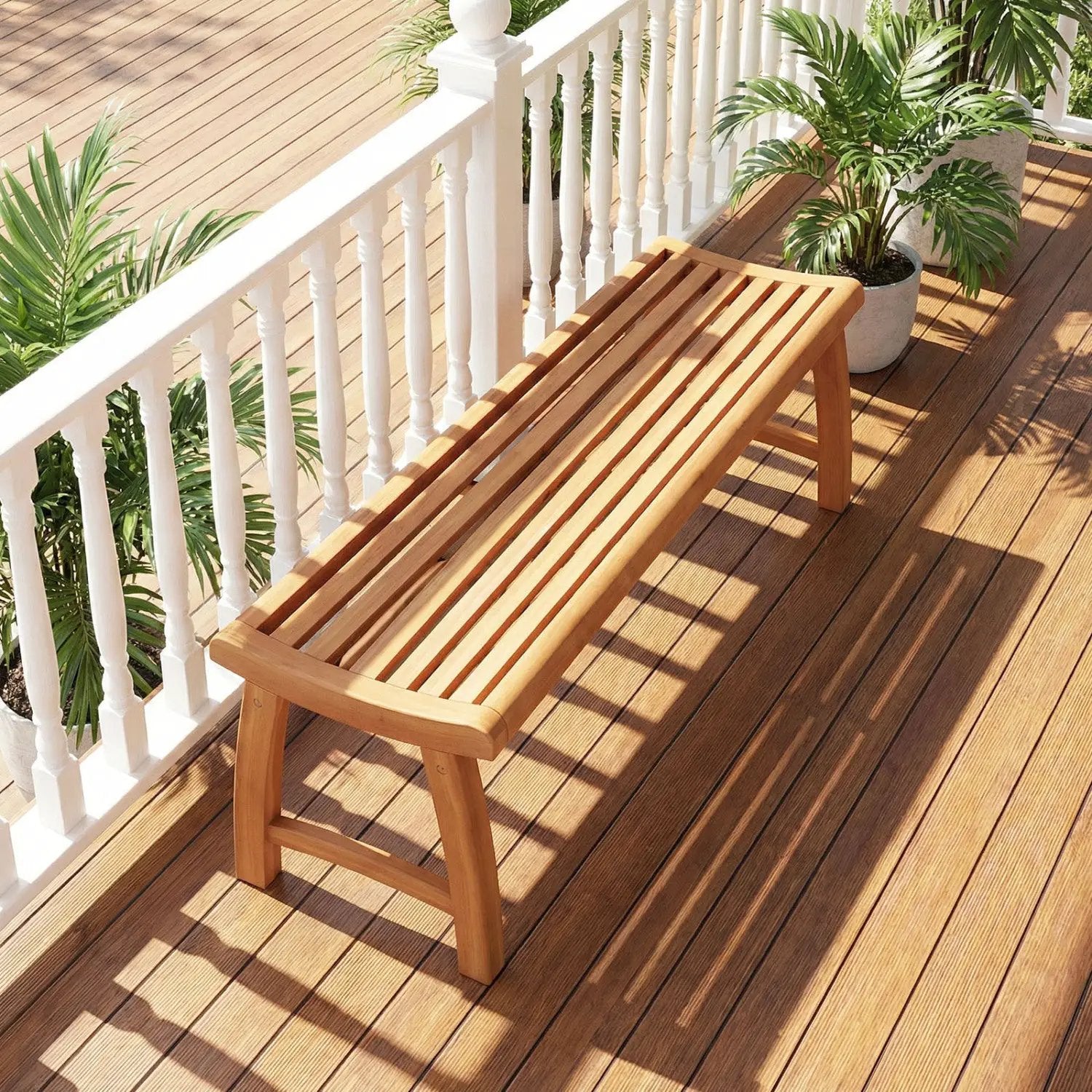 Teak Wood Outdoor Backless Bench with Contoured Slatted Seat by DirectDeals
