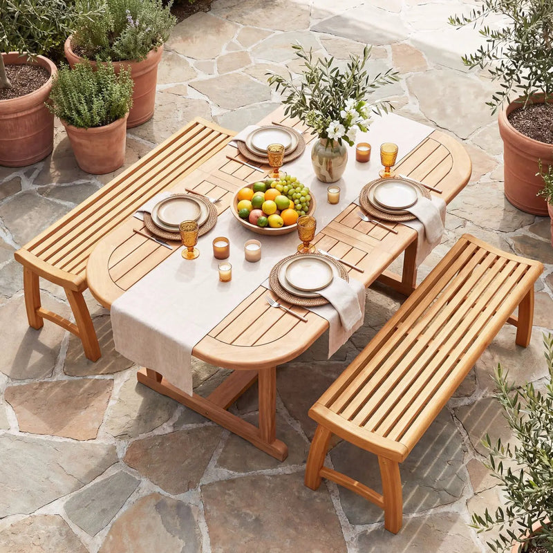Teak Wood Outdoor Backless Bench with Contoured Slatted Seat by DirectDeals
