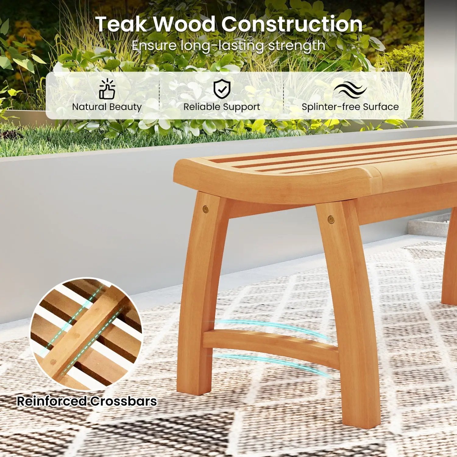 Teak Wood Outdoor Backless Bench with Contoured Slatted Seat by DirectDeals
