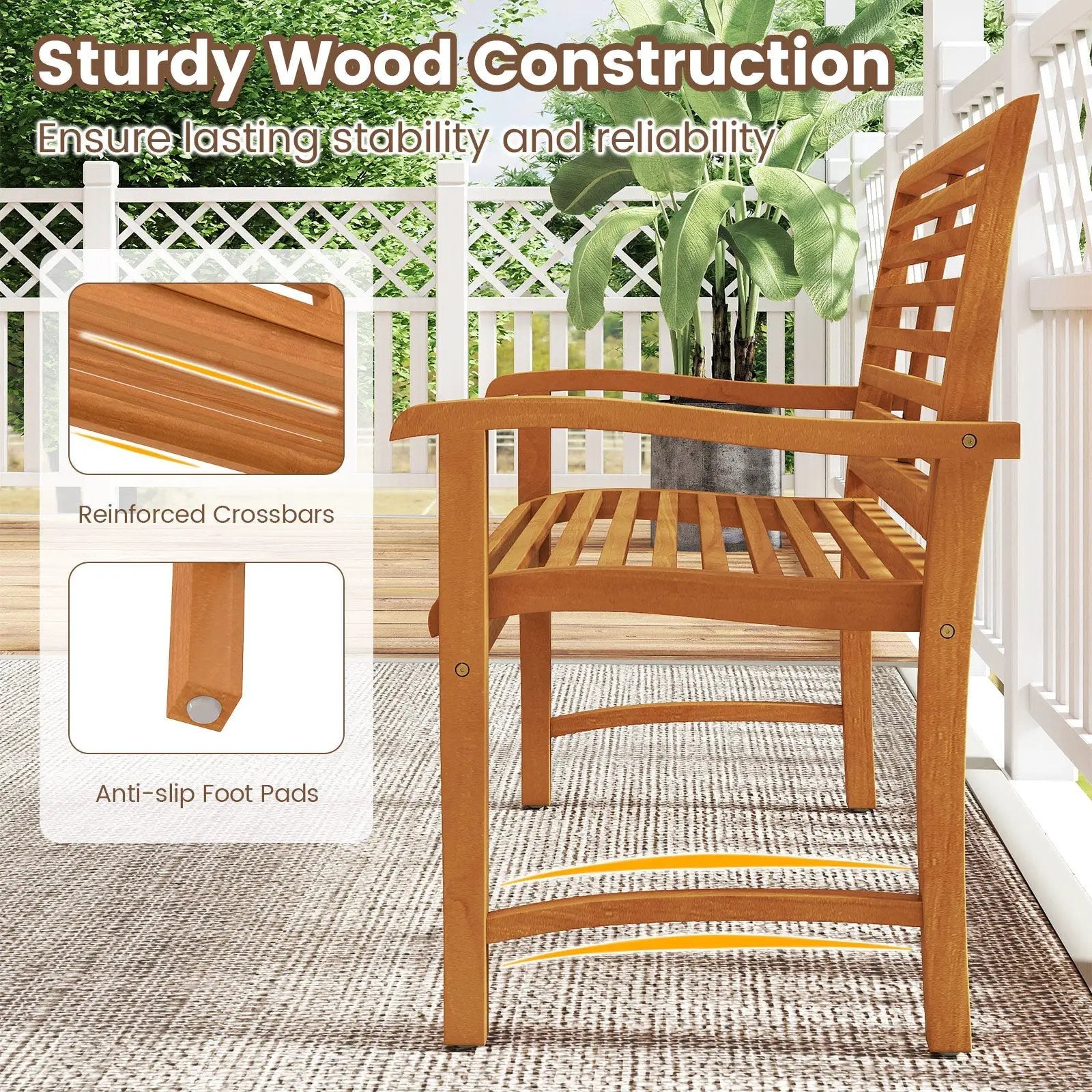 Teak Wood Outdoor Garden Bench with Slatted Backrest and Seat by DirectDeals