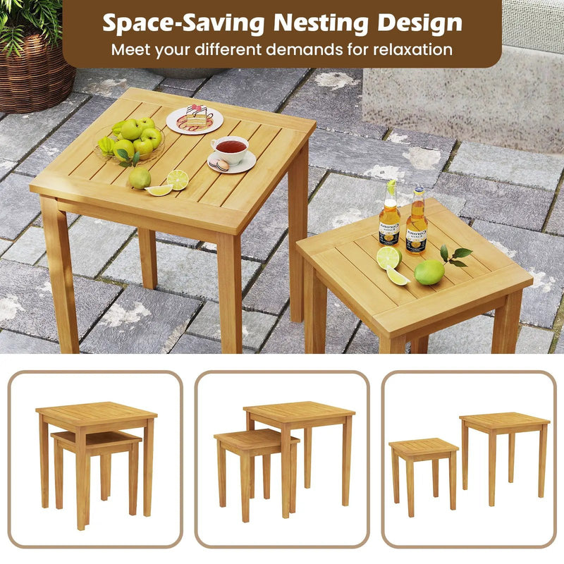 2 Pieces Space Saving Design Teak Wood Outdoor Patio Nesting Table by DirectDeals