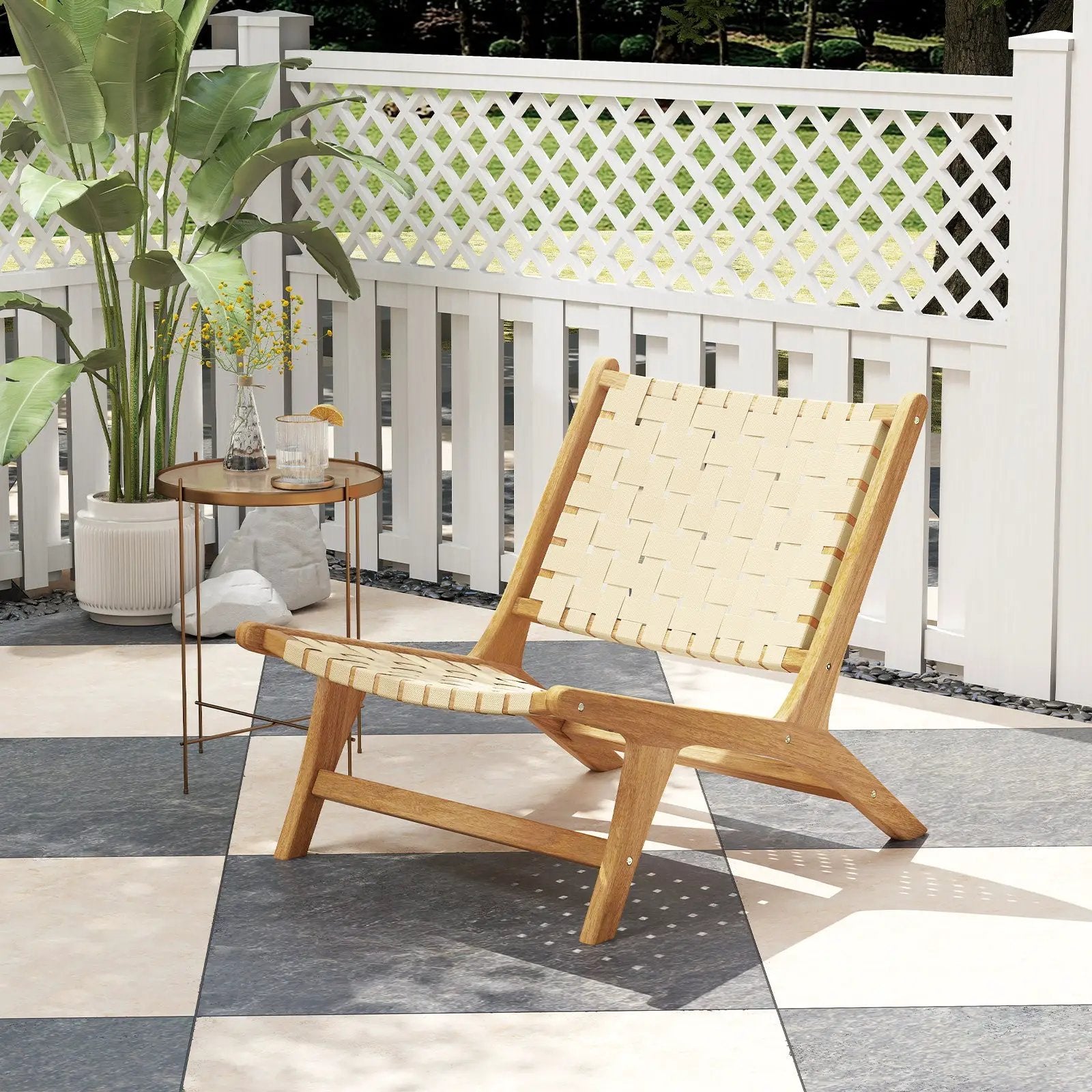 Teak Wood Patio Chair Armless with Webbing Seat and Backrest-Natural by DirectDeals