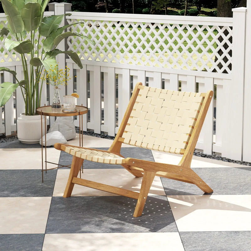Teak Wood Patio Chair Armless with Webbing Seat and Backrest-Natural by DirectDeals