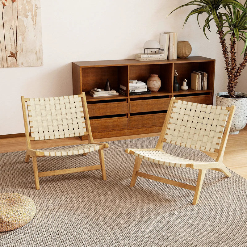 Teak Wood Patio Chair Armless with Webbing Seat and Backrest-Natural by DirectDeals