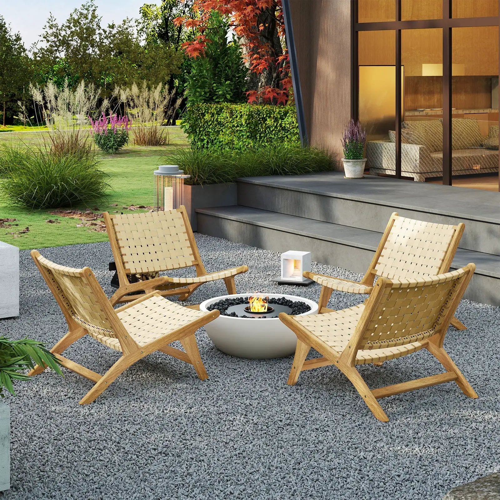 Teak Wood Patio Chair Armless with Webbing Seat and Backrest-Natural by DirectDeals