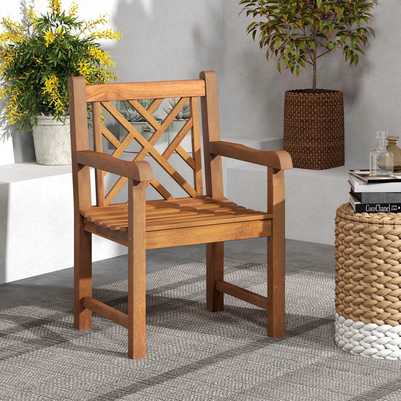 Teak Wood Patio Dining Chair with Slatted Seat Cross-Rhombus Backrest and Solid Legs by DirectDeals