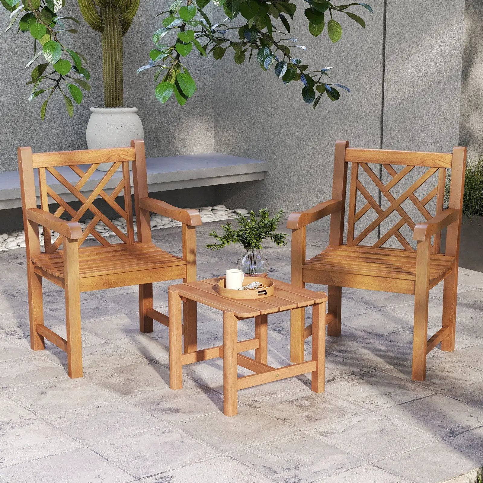 Teak Wood Patio Dining Chair with Slatted Seat Cross-Rhombus Backrest and Solid Legs by DirectDeals
