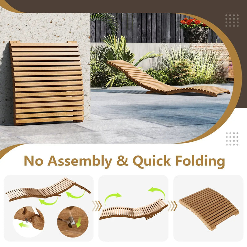 Teak Wood Patio Folding Chaise Lounge Chair with Slatted Seat by DirectDeals