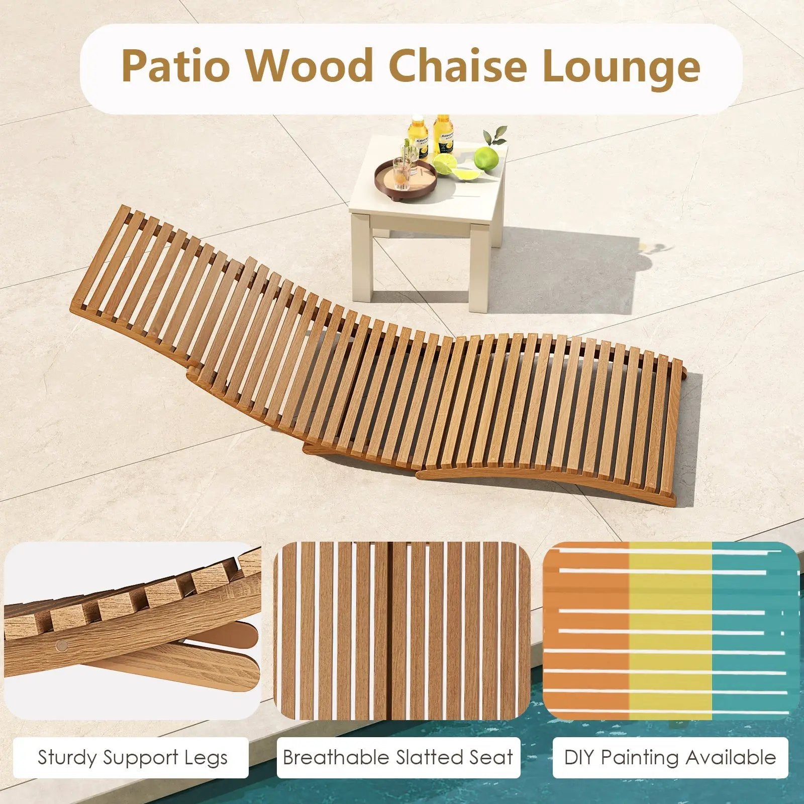 Teak Wood Patio Folding Chaise Lounge Chair with Slatted Seat by DirectDeals
