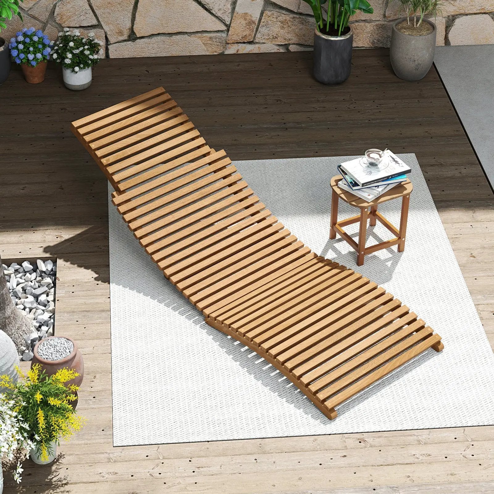 Teak Wood Patio Folding Chaise Lounge Chair with Slatted Seat by DirectDeals