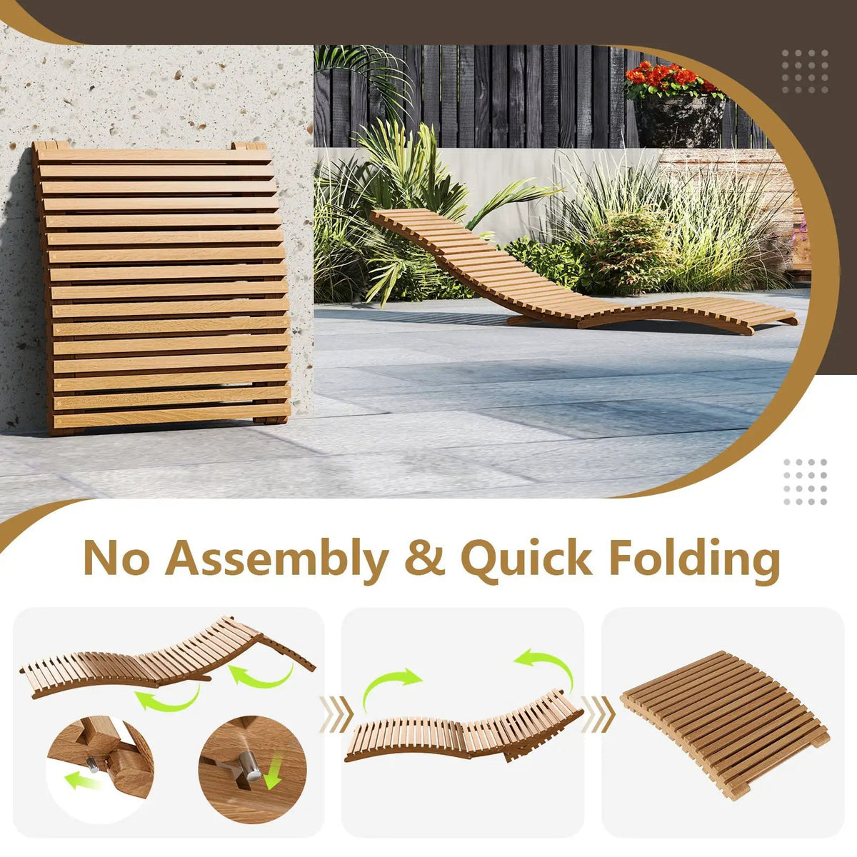 Teak Wood Patio Folding Chaise Lounge Chair with Slatted Seat by DirectDeals