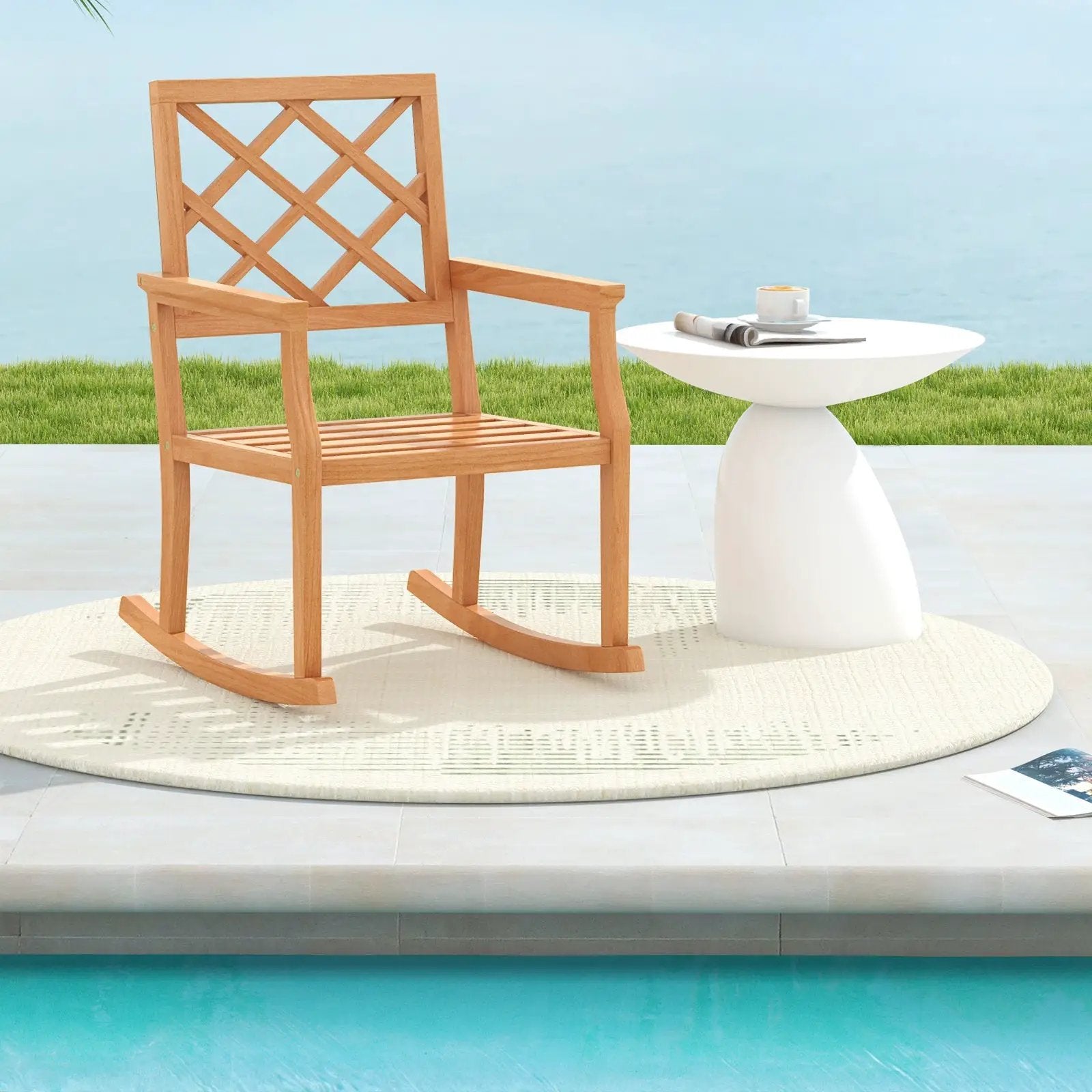 Teak Wood Rocking Chair Oversized Porch Rocker with Backrest and Slatted Seat by DirectDeals
