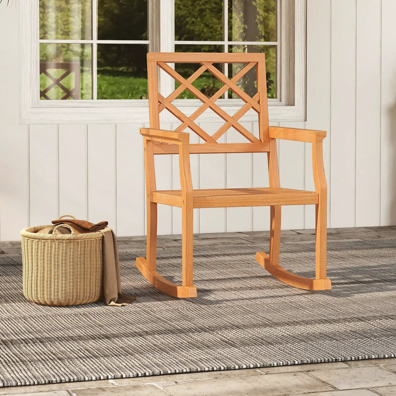 Teak Wood Rocking Chair Oversized Porch Rocker with Backrest and Slatted Seat by DirectDeals