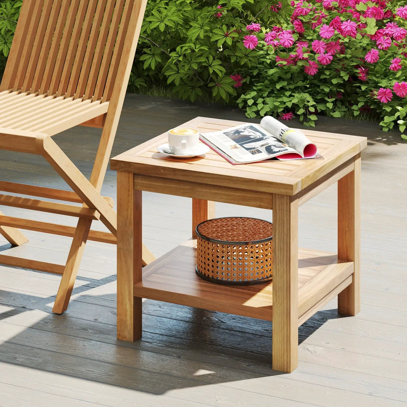 Teak Wood Square Side Table with Open Shelf for Small Space by DirectDeals
